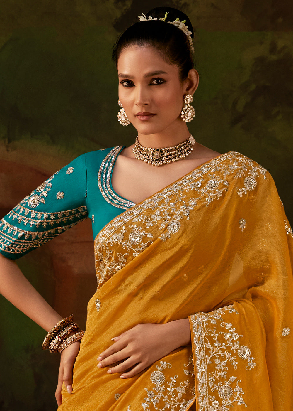 Chrome Yellow Viscose Tissue Silk Saree with Lustrous Zari &amp; Sequins work