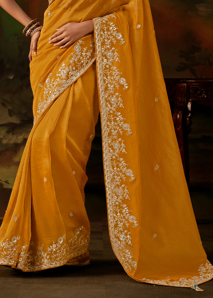 Chrome Yellow Viscose Tissue Silk Saree with Lustrous Zari &amp; Sequins work