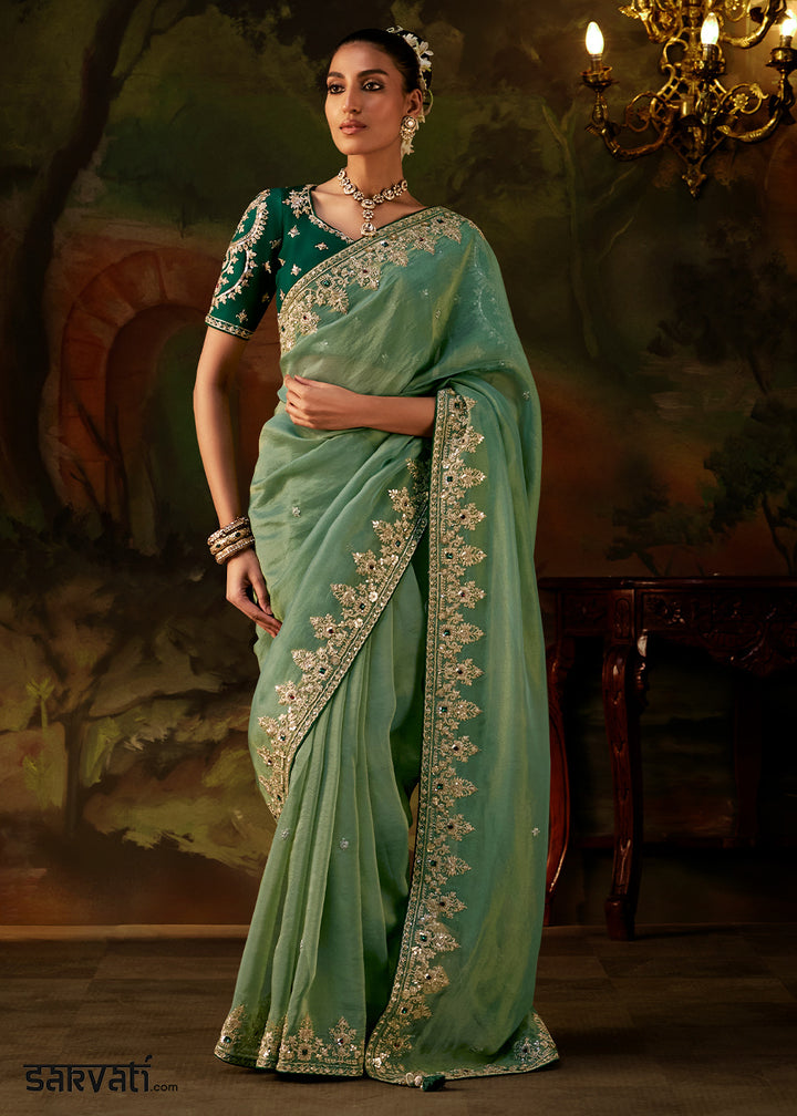 Cool Green Viscose Tissue Silk Saree with Lustrous Zari &amp; Sequins work