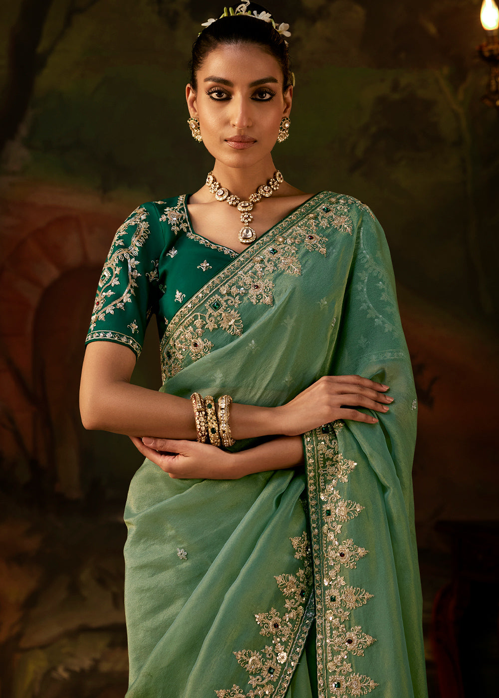 Cool Green Viscose Tissue Silk Saree with Lustrous Zari & Sequins work