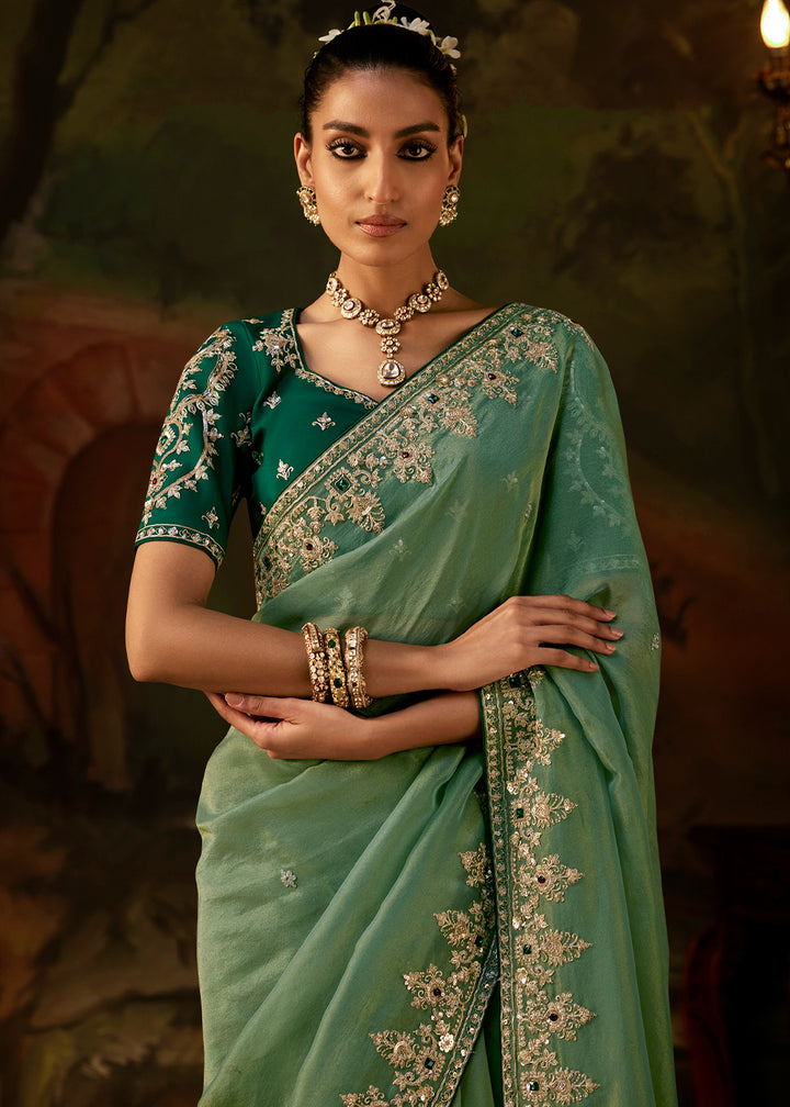 Cool Green Viscose Tissue Silk Saree with Lustrous Zari &amp; Sequins work
