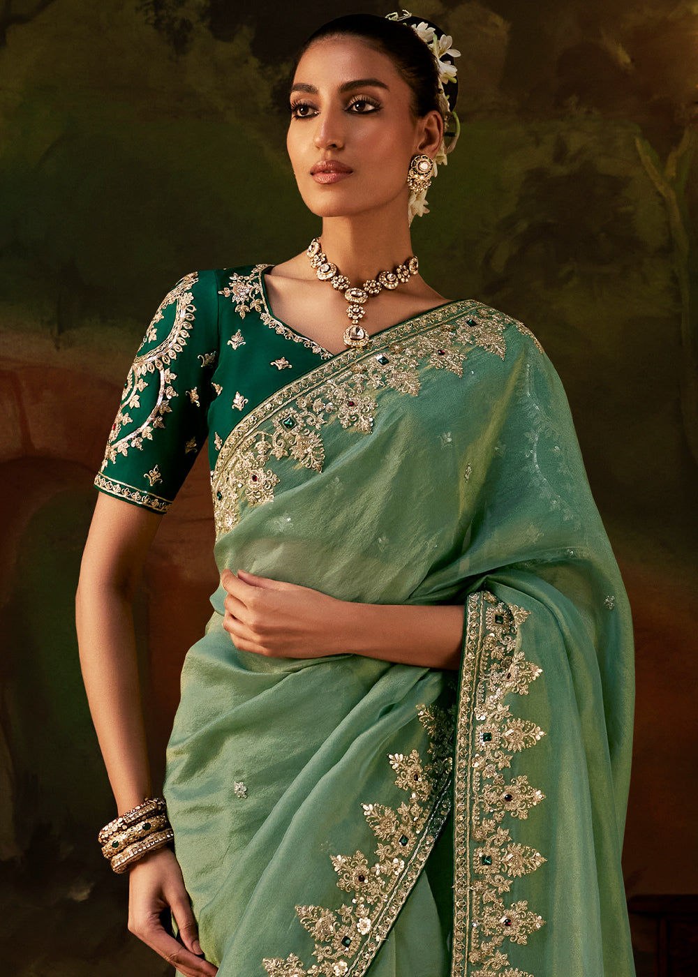 Cool Green Viscose Tissue Silk Saree with Lustrous Zari &amp; Sequins work
