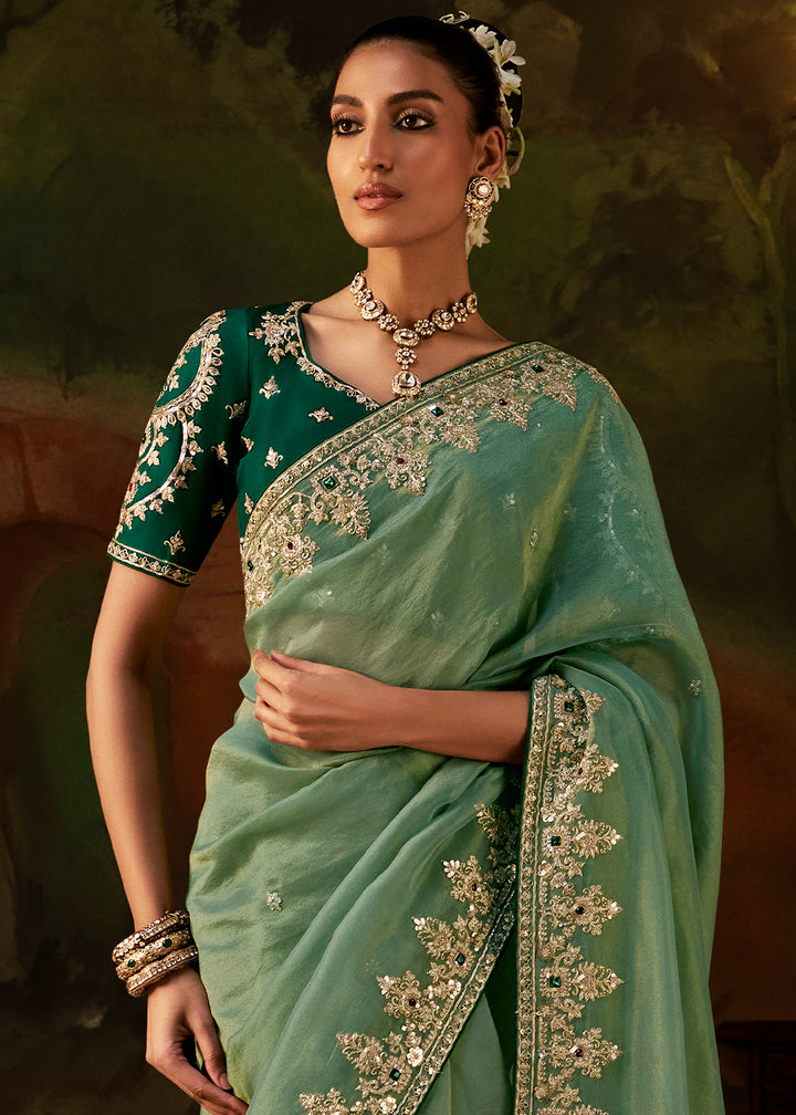 Cool Green Viscose Tissue Silk Saree with Lustrous Zari &amp; Sequins work