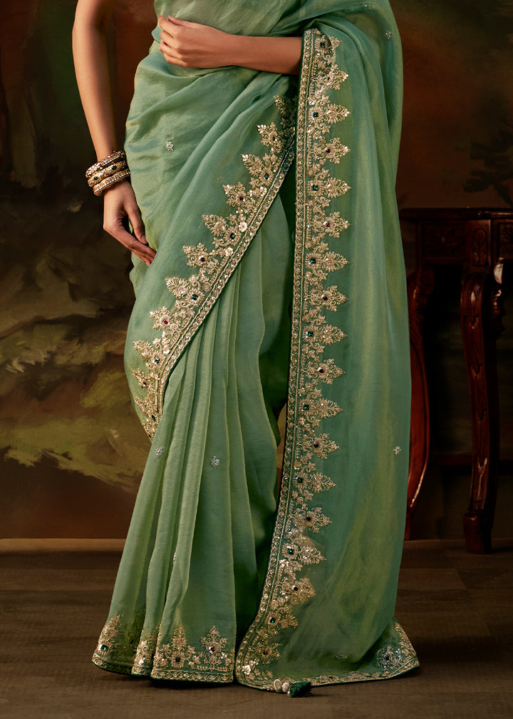 Cool Green Viscose Tissue Silk Saree with Lustrous Zari &amp; Sequins work