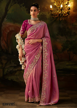 Dark Pink Viscose Tissue Silk Saree with Lustrous Zari & Sequins work