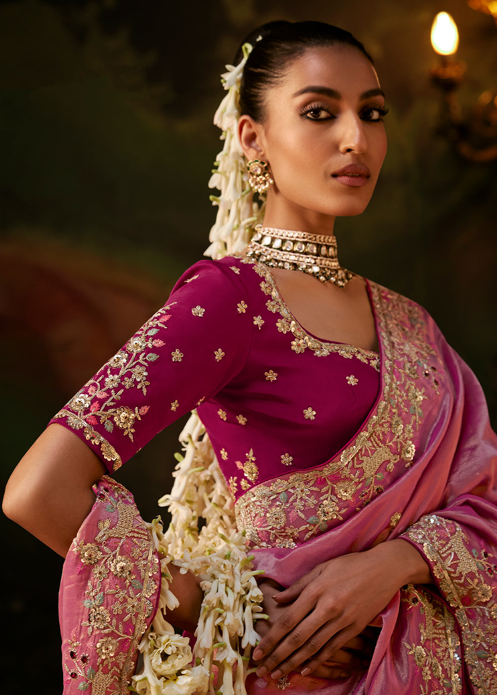 Dark Pink Viscose Tissue Silk Saree with Lustrous Zari &amp; Sequins work