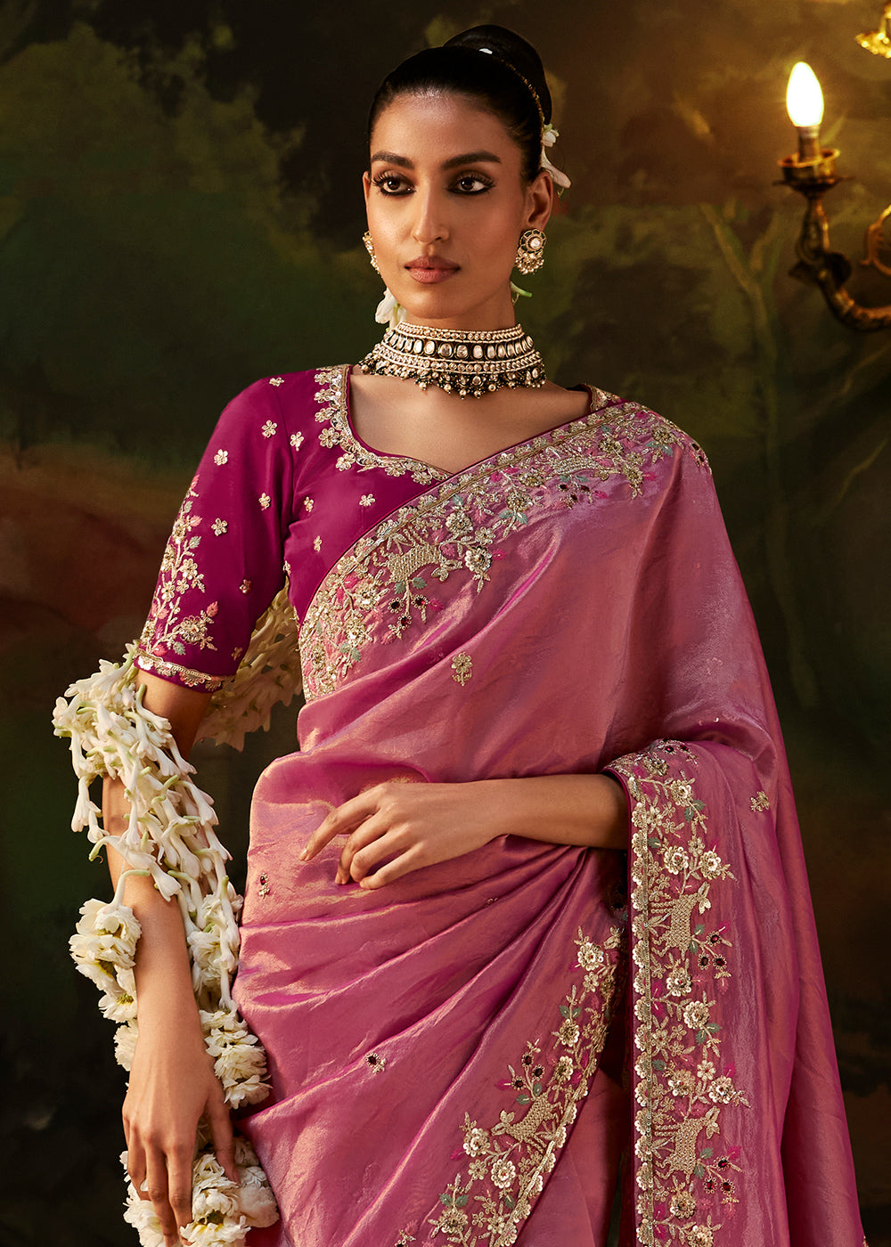 Dark Pink Viscose Tissue Silk Saree with Lustrous Zari &amp; Sequins work