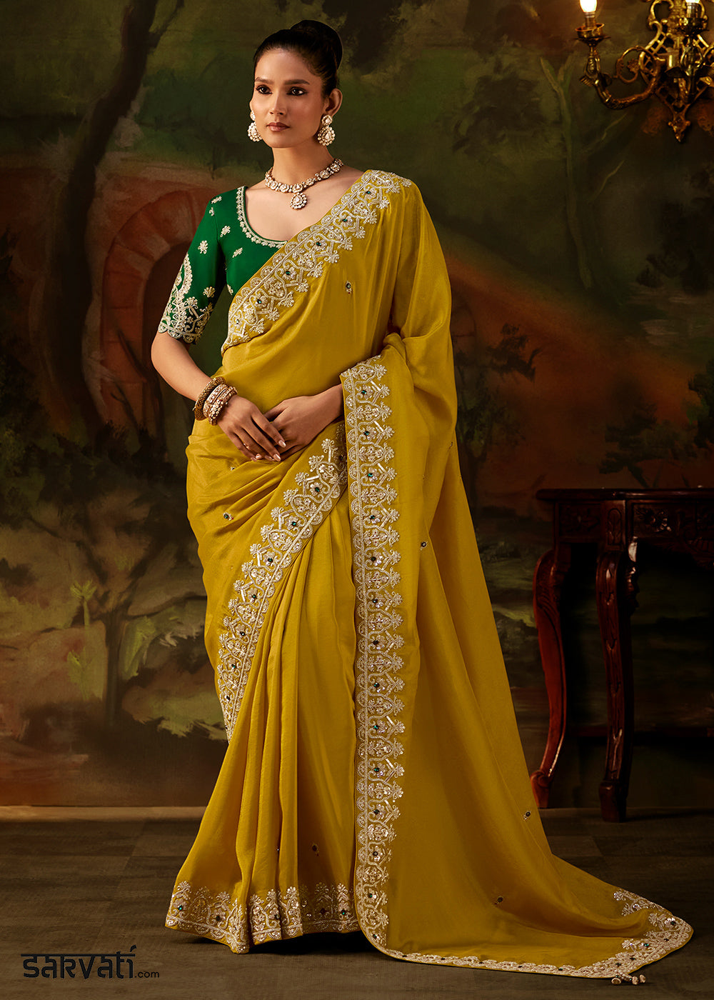 Honey Yellow Viscose Tissue Silk Saree with Lustrous Zari &amp; Sequins work