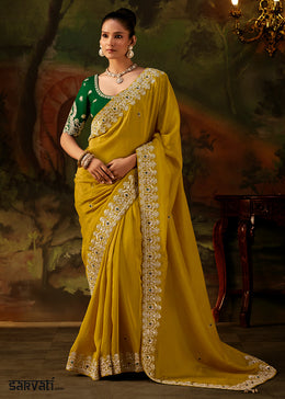 Honey Yellow Viscose Tissue Silk Saree with Lustrous Zari & Sequins work