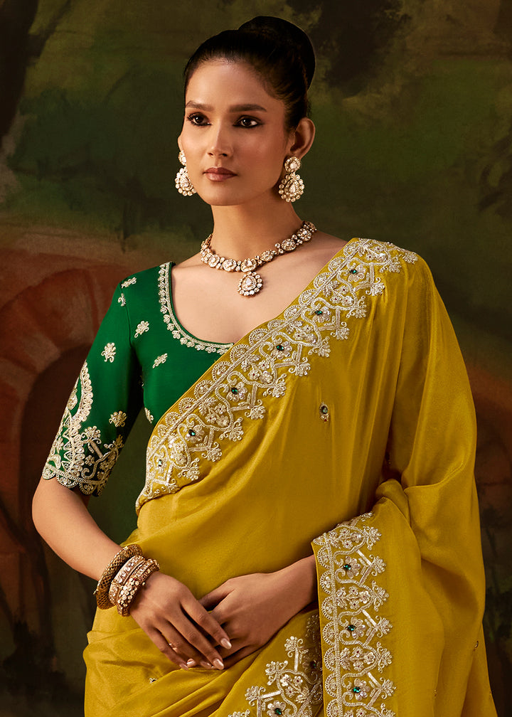 Honey Yellow Viscose Tissue Silk Saree with Lustrous Zari &amp; Sequins work