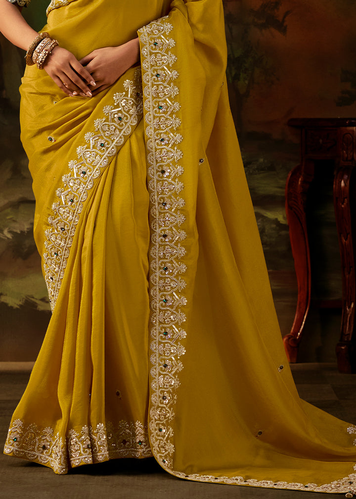 Honey Yellow Viscose Tissue Silk Saree with Lustrous Zari &amp; Sequins work