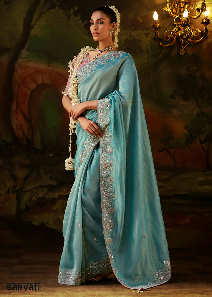 Light Blue Viscose Tissue Silk Saree with Lustrous Zari &amp; Sequins work