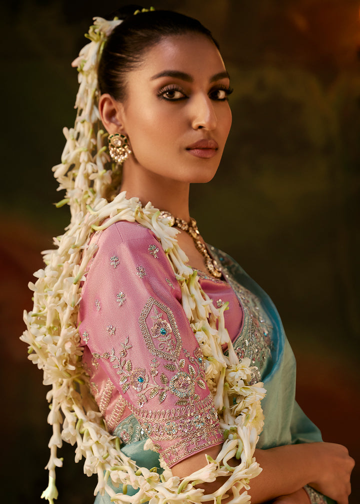 Light Blue Viscose Tissue Silk Saree with Lustrous Zari &amp; Sequins work