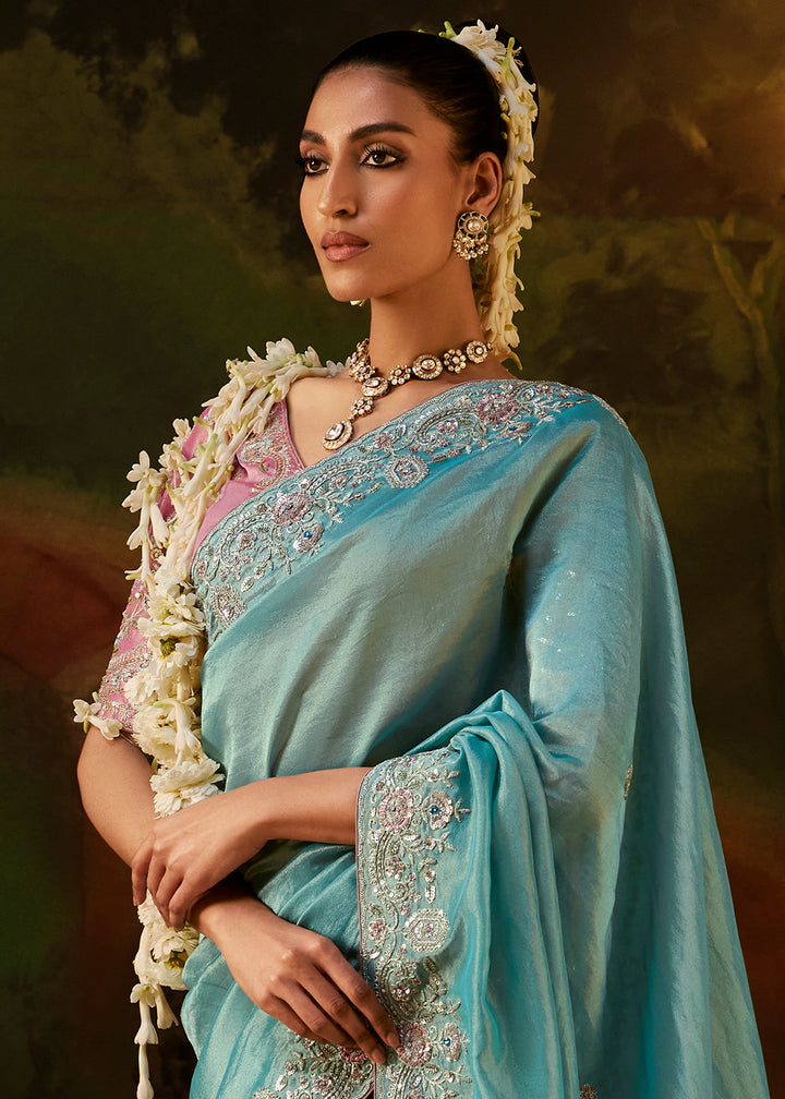 Light Blue Viscose Tissue Silk Saree with Lustrous Zari &amp; Sequins work