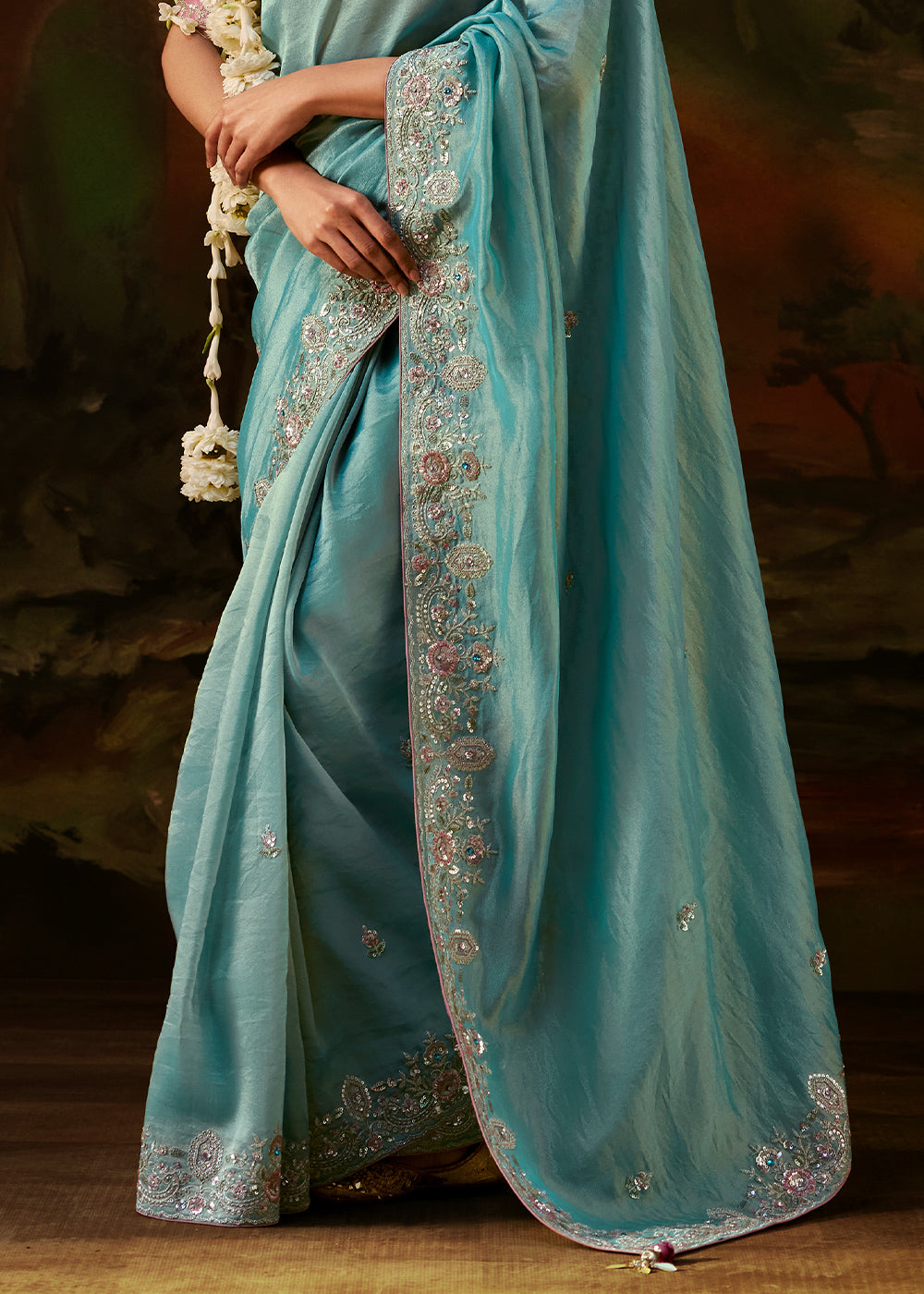 Light Blue Viscose Tissue Silk Saree with Lustrous Zari &amp; Sequins work