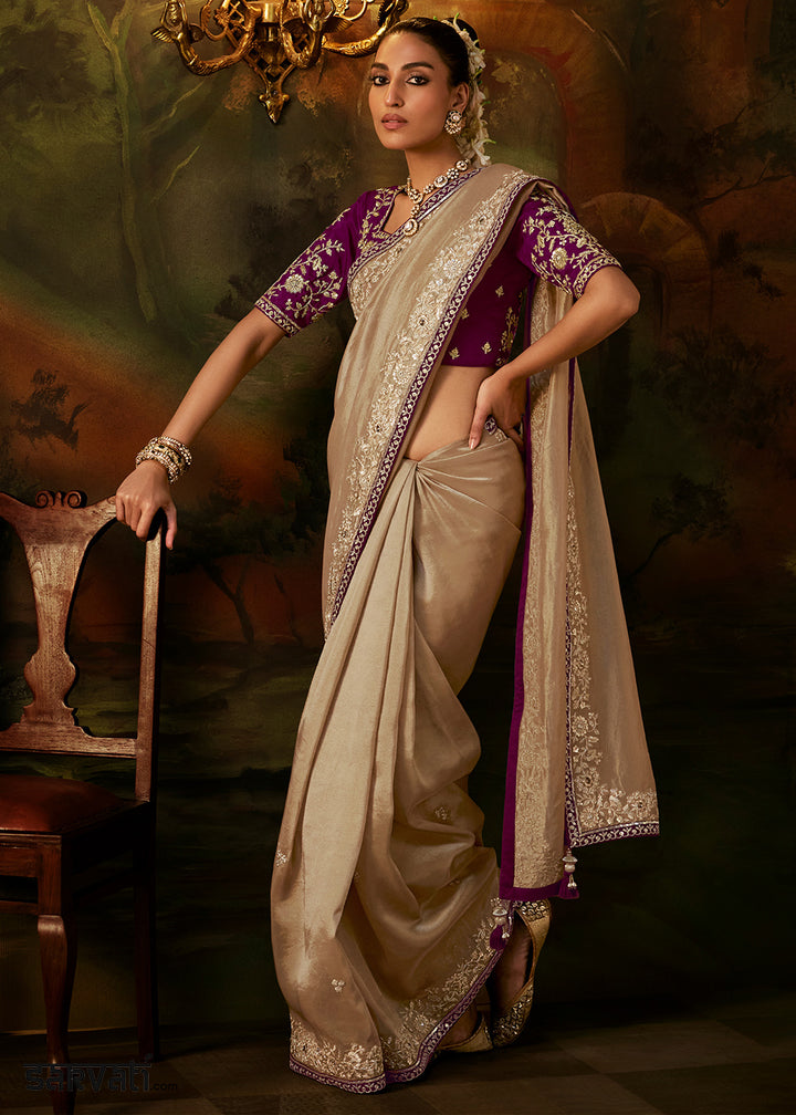 Light Brown Viscose Tissue Silk Saree with Lustrous Zari &amp; Sequins work