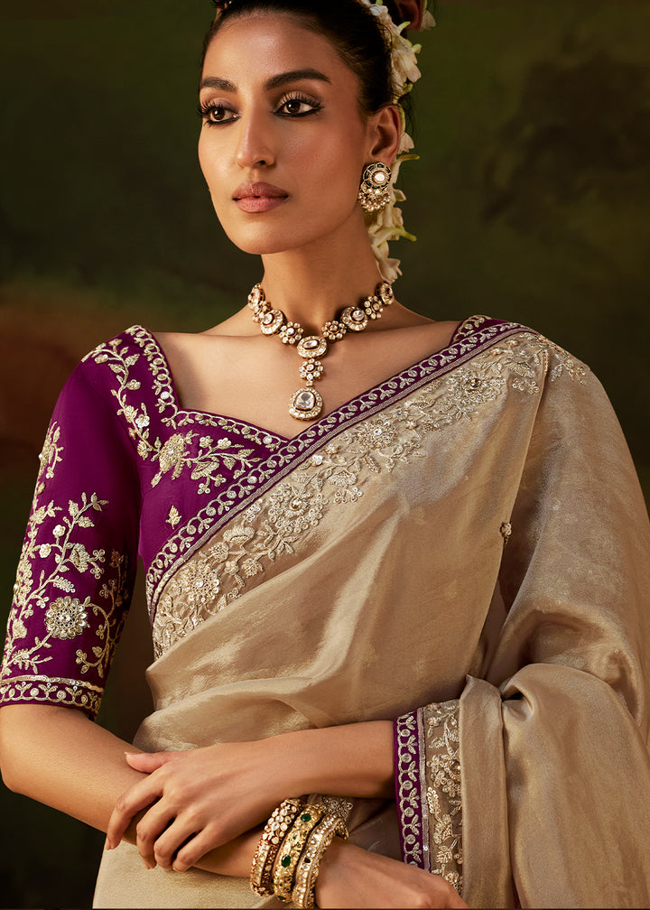 Light Brown Viscose Tissue Silk Saree with Lustrous Zari &amp; Sequins work
