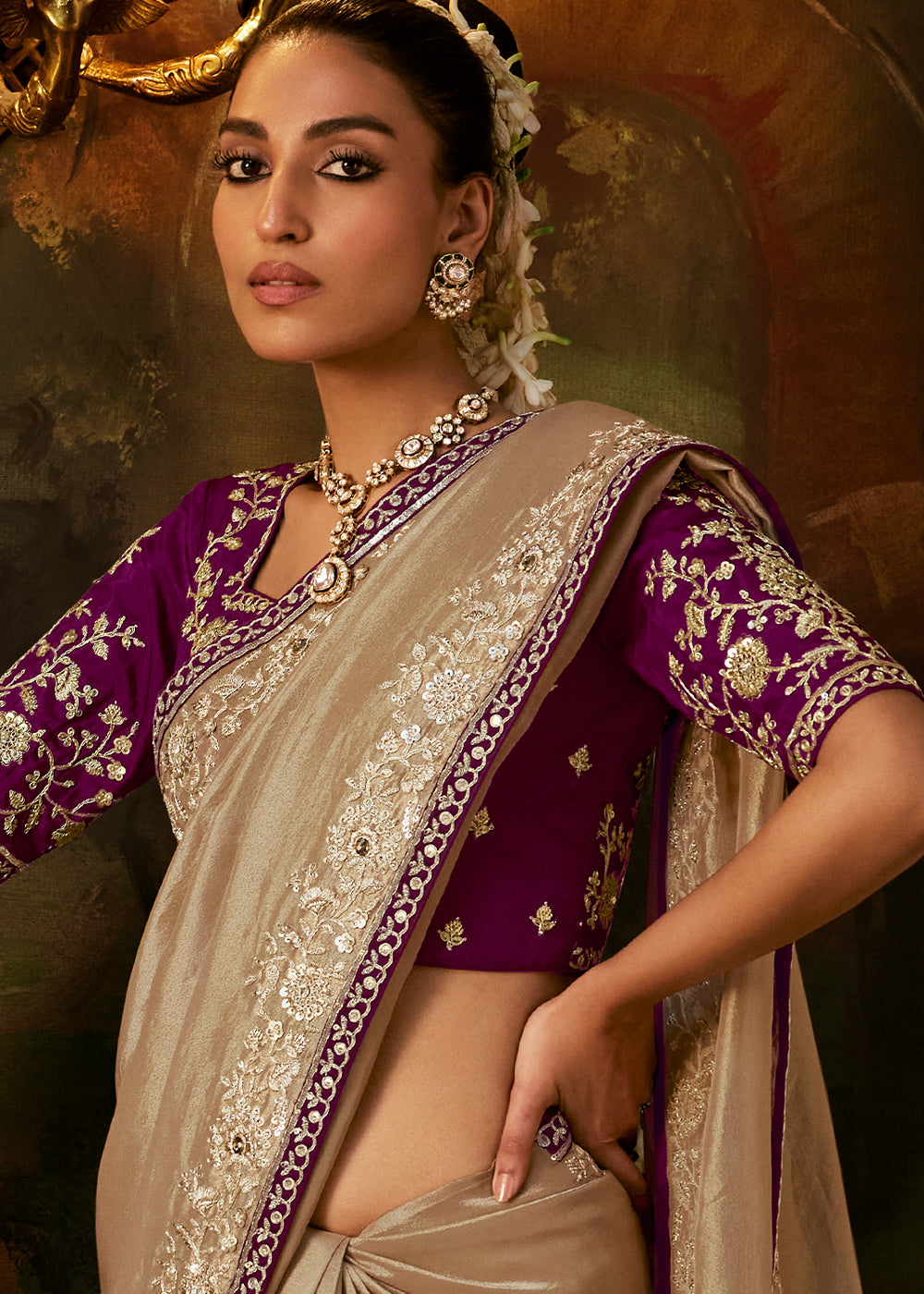 Light Brown Viscose Tissue Silk Saree with Lustrous Zari &amp; Sequins work