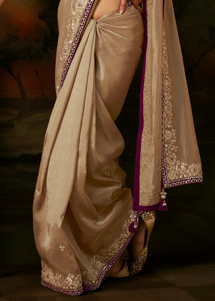 Light Brown Viscose Tissue Silk Saree with Lustrous Zari &amp; Sequins work