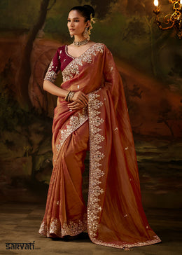 Rust Orange Viscose Tissue Silk Saree with Lustrous Zari & Sequins work