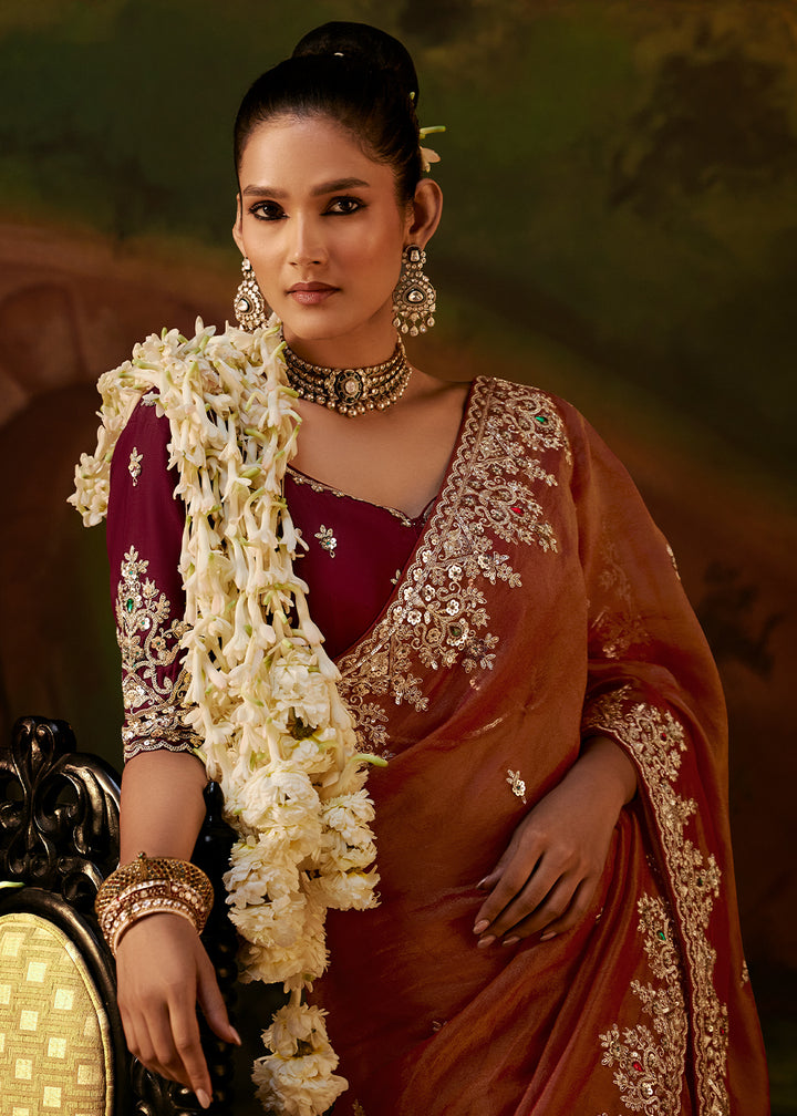 Rust Orange Viscose Tissue Silk Saree with Lustrous Zari &amp; Sequins work