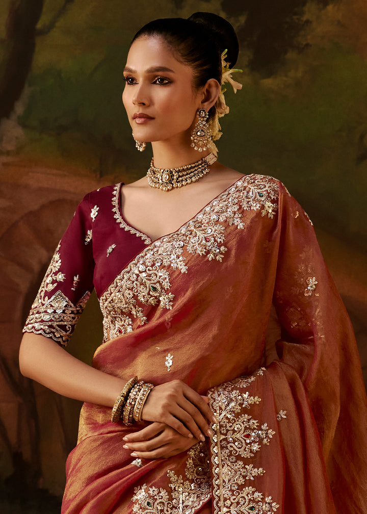 Rust Orange Viscose Tissue Silk Saree with Lustrous Zari &amp; Sequins work