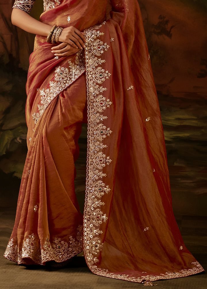 Rust Orange Viscose Tissue Silk Saree with Lustrous Zari &amp; Sequins work