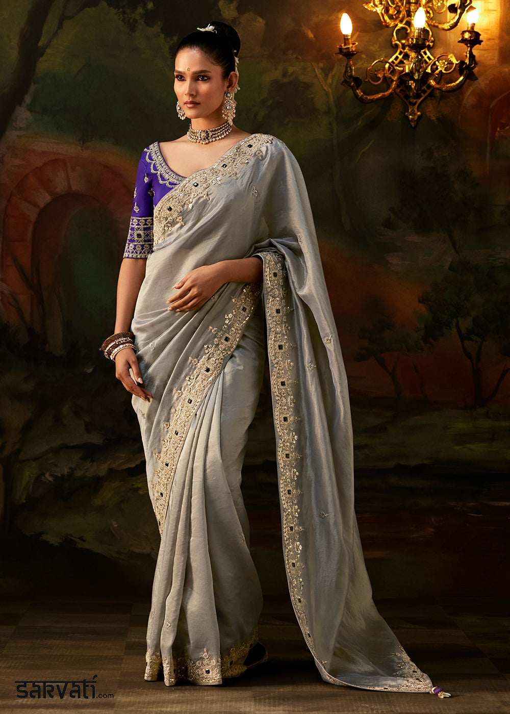 Silver Grey Viscose Tissue Silk Saree with Lustrous Zari &amp; Sequins work