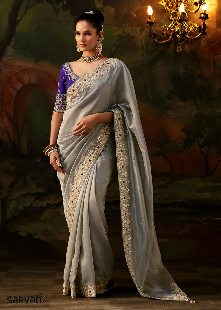 Silver Grey Viscose Tissue Silk Saree with Lustrous Zari &amp; Sequins work