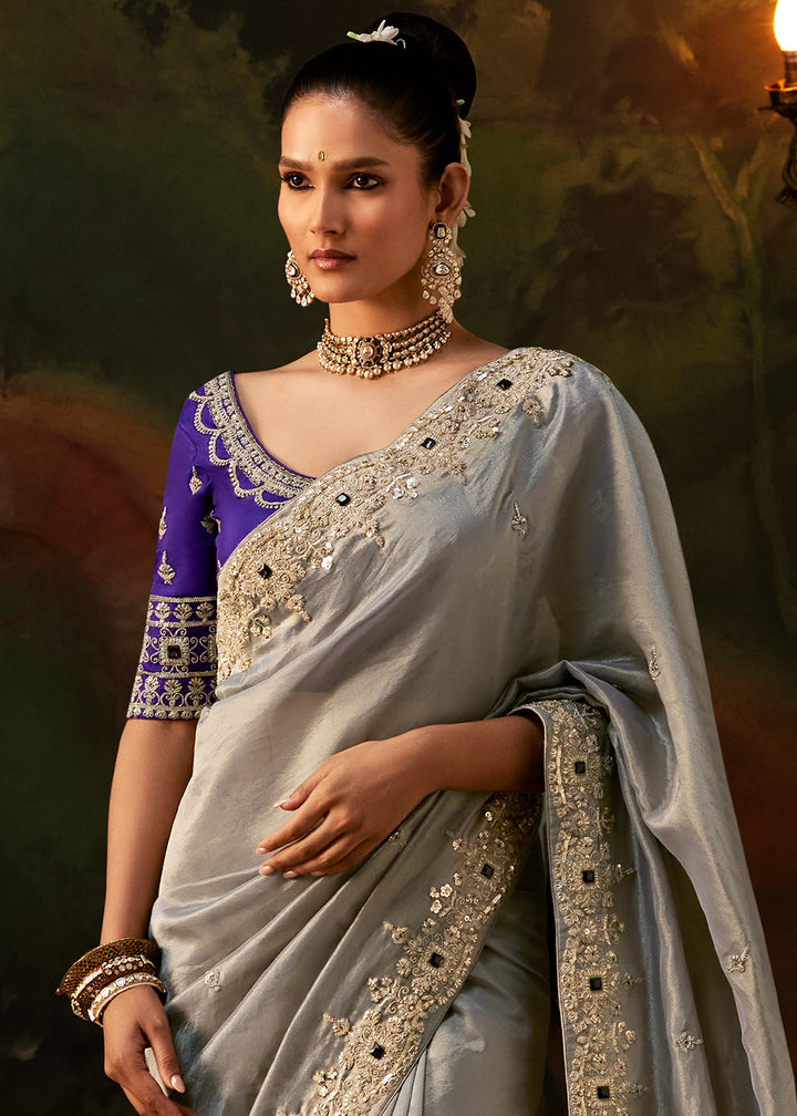 Silver Grey Viscose Tissue Silk Saree with Lustrous Zari &amp; Sequins work