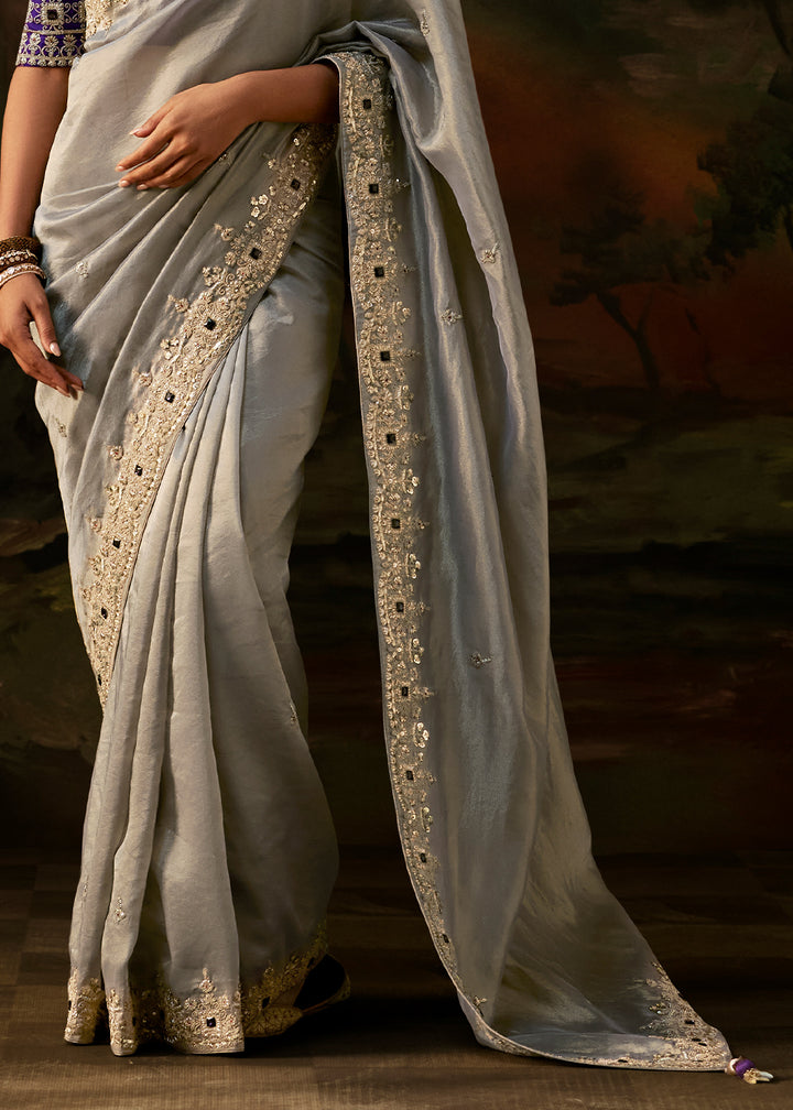 Silver Grey Viscose Tissue Silk Saree with Lustrous Zari &amp; Sequins work