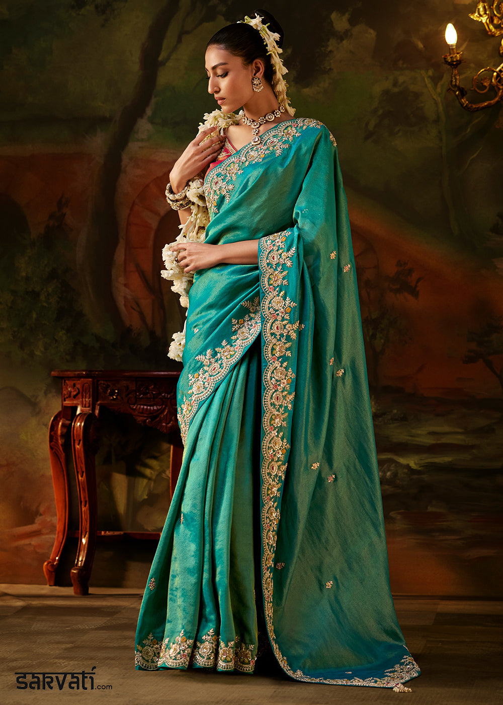 Tones Of Blue Viscose Tissue Silk Saree with Lustrous Zari &amp; Sequins work