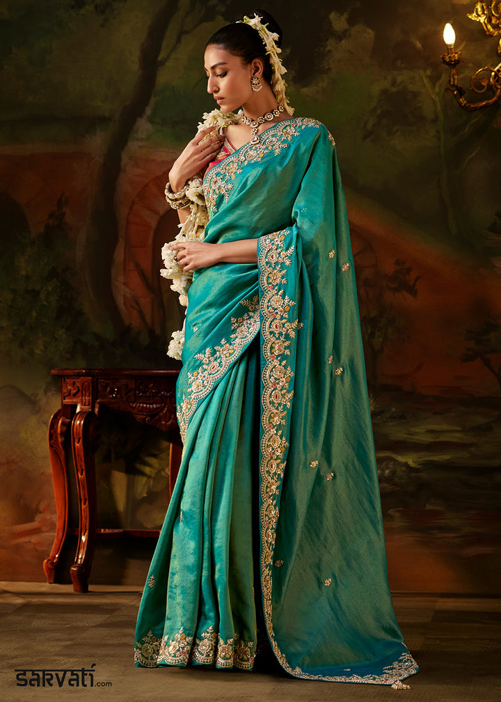 Tones Of Blue Viscose Tissue Silk Saree with Lustrous Zari &amp; Sequins work