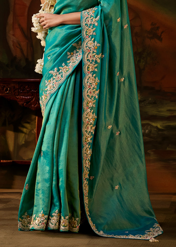 Tones Of Blue Viscose Tissue Silk Saree with Lustrous Zari &amp; Sequins work