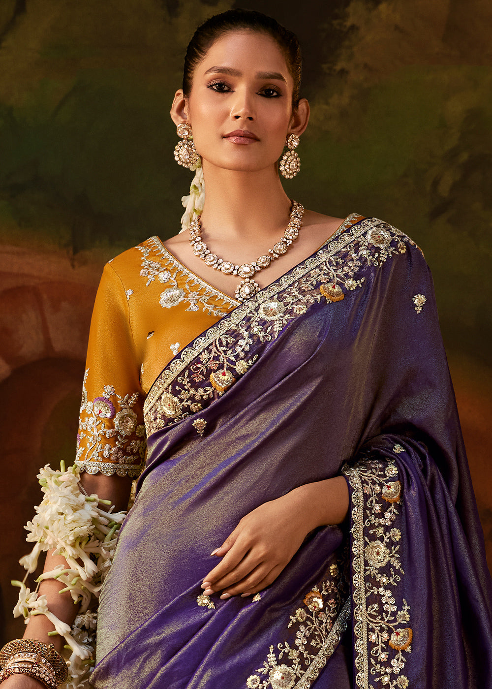 Tones Of Purple Viscose Tissue Silk Saree with Lustrous Zari &amp; Sequins work