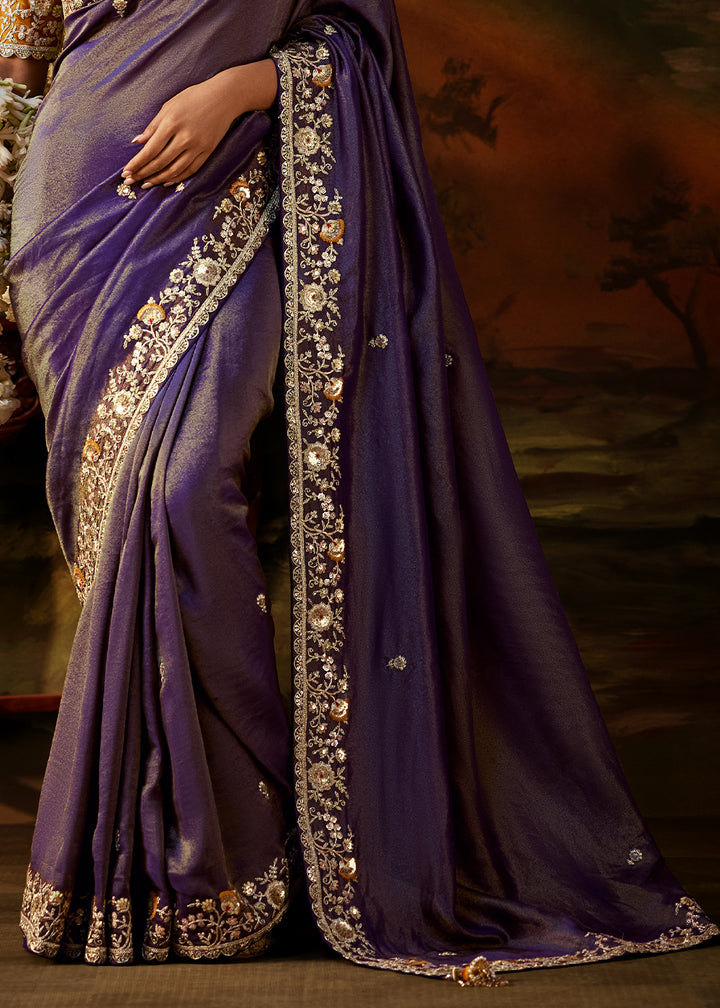 Tones Of Purple Viscose Tissue Silk Saree with Lustrous Zari &amp; Sequins work