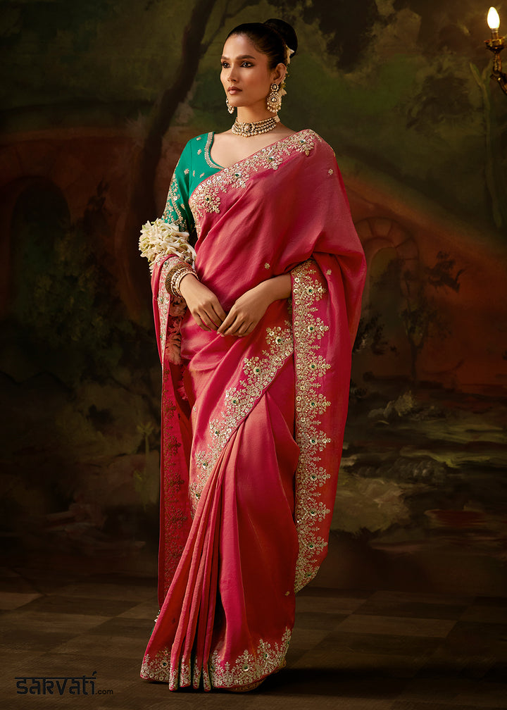 Punch Pink Viscose Tissue Silk Saree with Lustrous Zari &amp; Sequins work