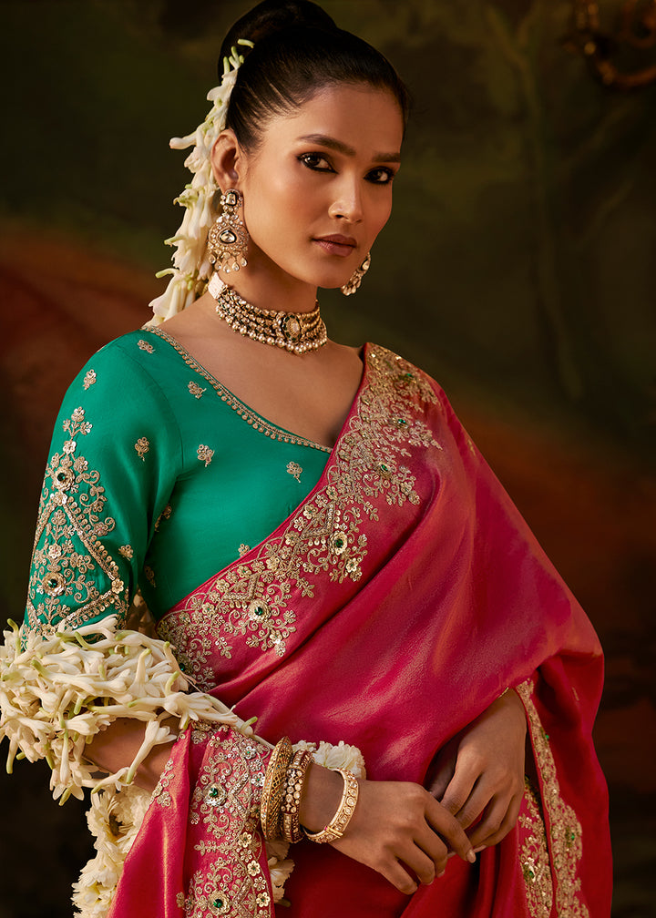 Punch Pink Viscose Tissue Silk Saree with Lustrous Zari &amp; Sequins work