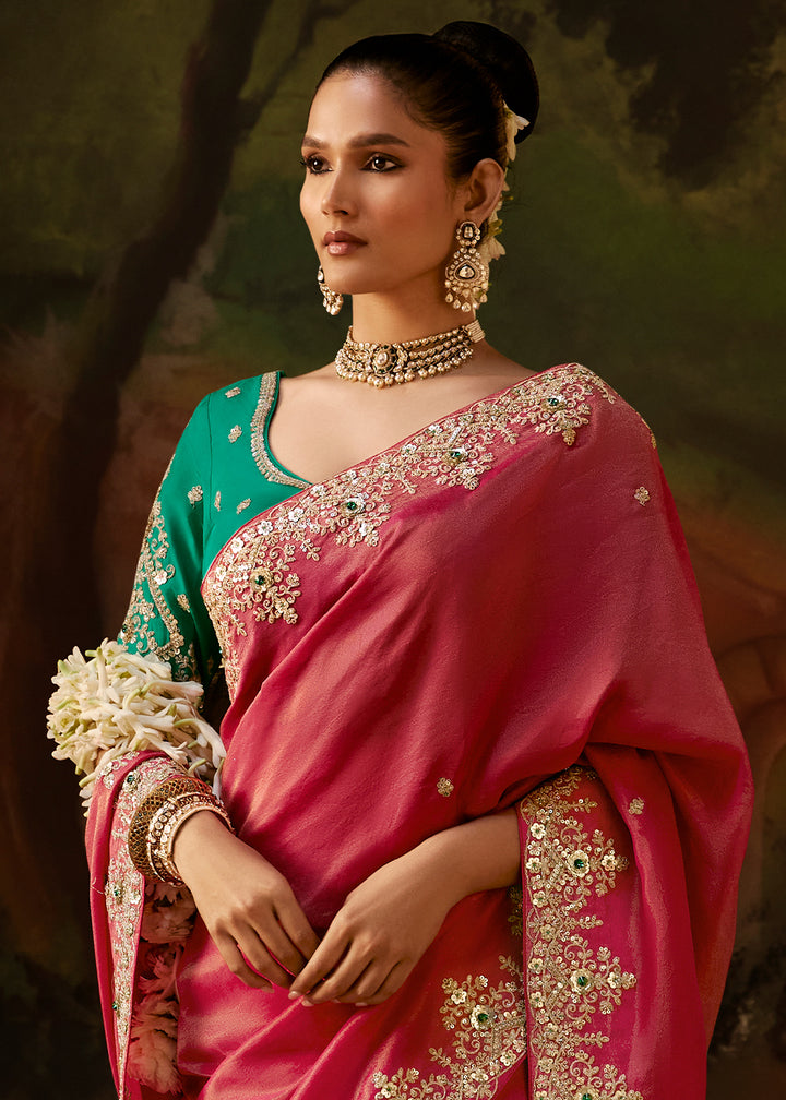 Punch Pink Viscose Tissue Silk Saree with Lustrous Zari &amp; Sequins work