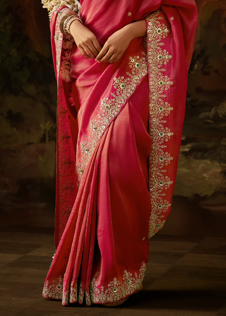Punch Pink Viscose Tissue Silk Saree with Lustrous Zari &amp; Sequins work