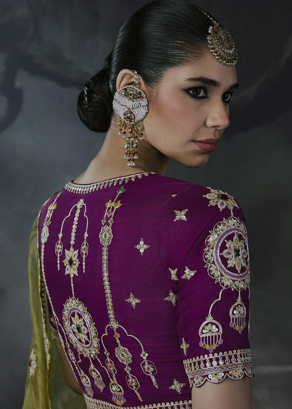 Olive Green Organza Saree with Elegant Threadwork &amp; Stone Accents