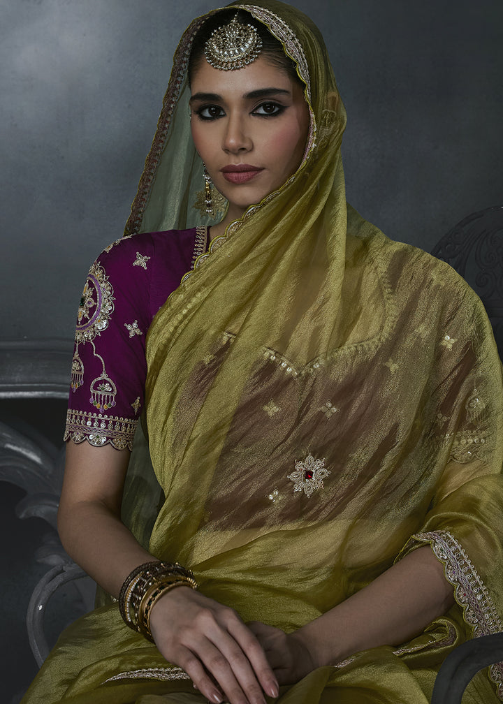 Olive Green Organza Saree with Elegant Threadwork &amp; Stone Accents