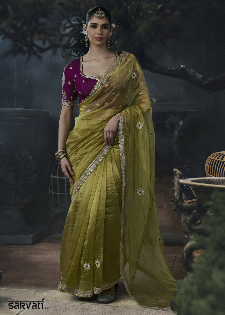 Olive Green Organza Saree with Elegant Threadwork &amp; Stone Accents