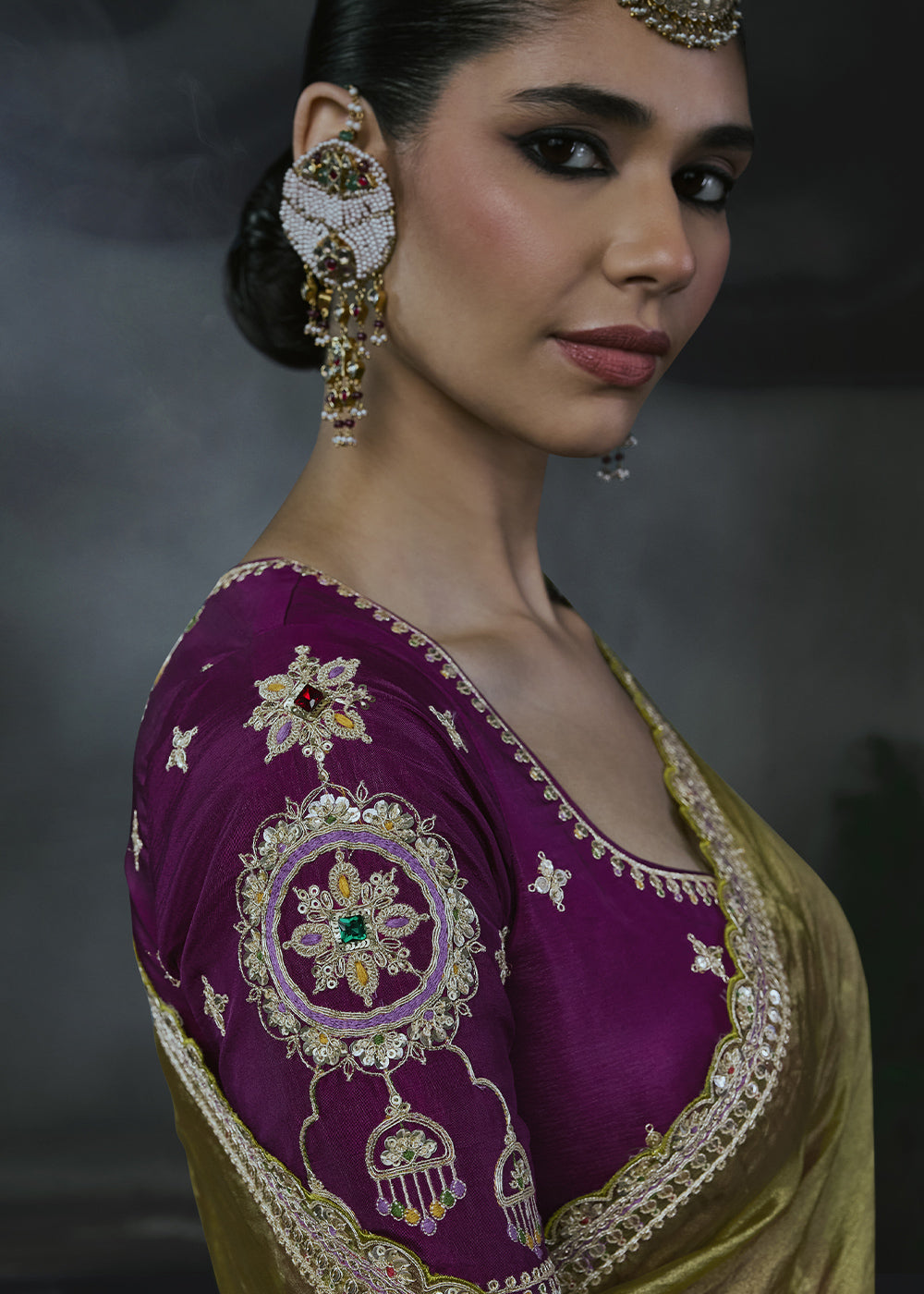 Olive Green Organza Saree with Elegant Threadwork &amp; Stone Accents