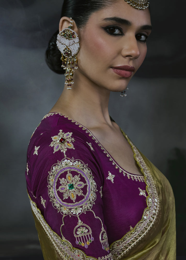 Olive Green Organza Saree with Elegant Threadwork &amp; Stone Accents