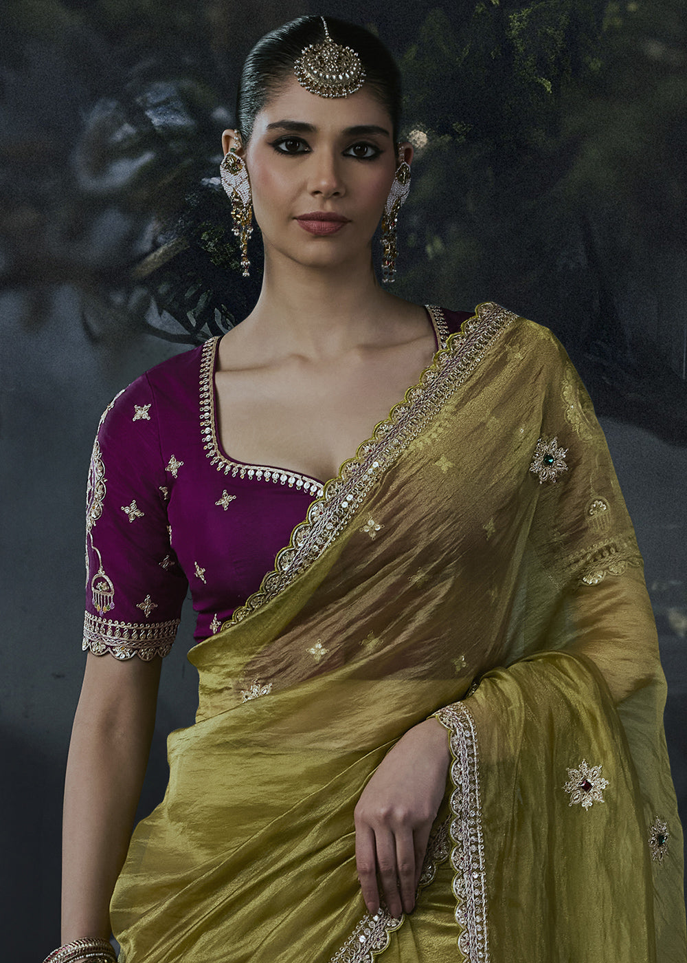 Olive Green Organza Saree with Elegant Threadwork &amp; Stone Accents