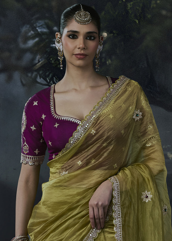 Olive Green Organza Saree with Elegant Threadwork &amp; Stone Accents