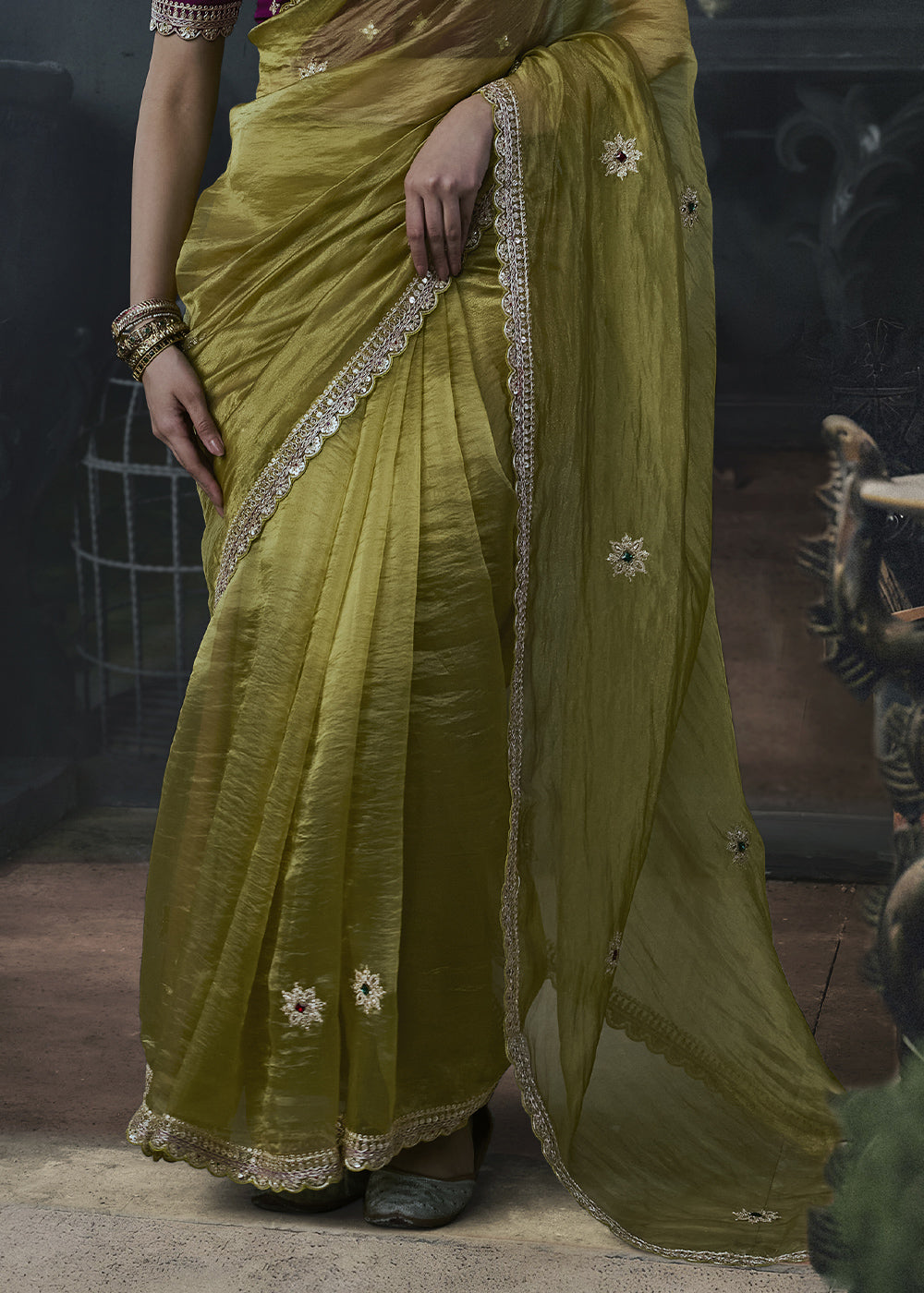 Olive Green Organza Saree with Elegant Threadwork &amp; Stone Accents