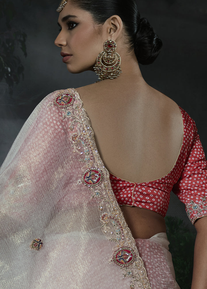 Pearl White Organza Saree with Threadwork &amp; Stone Accents