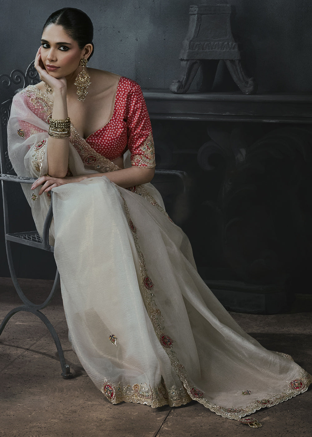 Pearl White Organza Saree with Threadwork &amp; Stone Accents